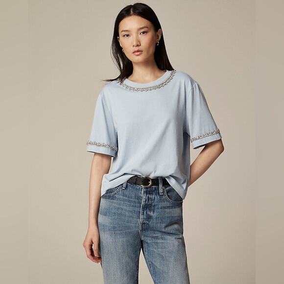 J.Crew Light Blue Embellished T-Shirt Size S CF413 - Picture 1 of 5